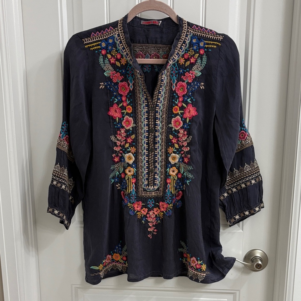 Johnny Was Black Tunic with Multicolor Embroidery